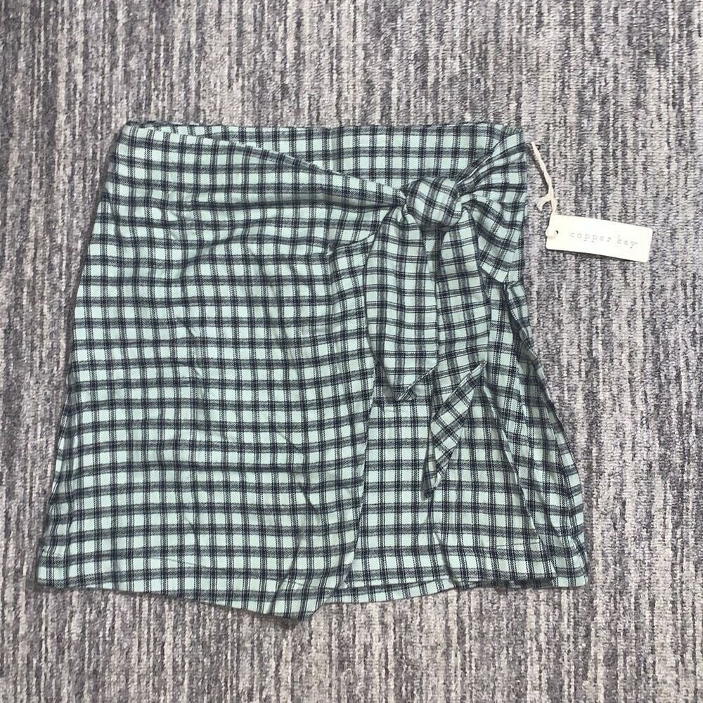 Copper Key Womens Size Large Tie Wrap Skirt Green Black Plaid Bacl Zipper‎ NWT